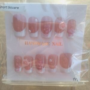 Handmade Short Square Pink White Floral Press-On Nails